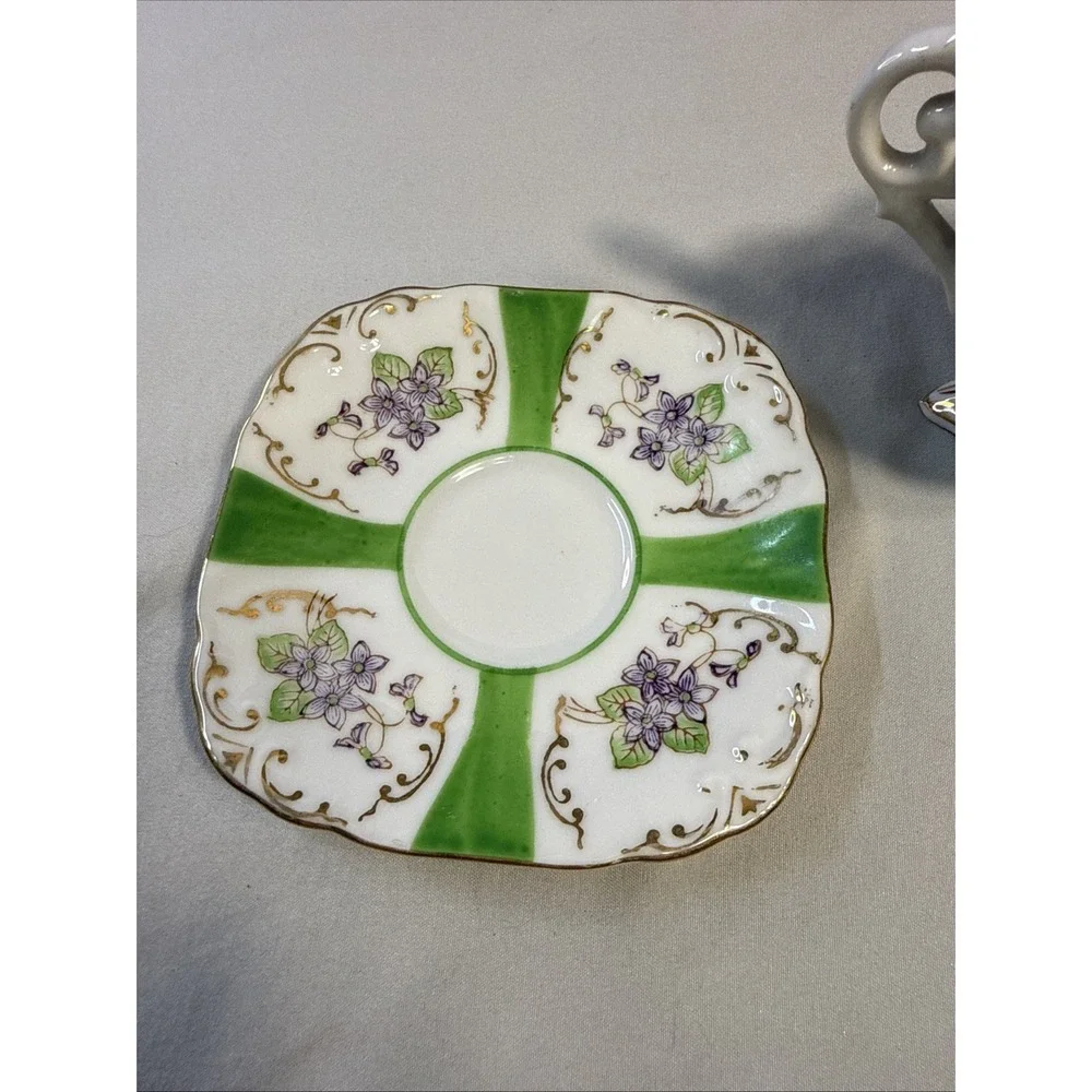 Vtg Hand Painted Japan Demitasse Cup Saucer Footed Green Gold Purple Floral
